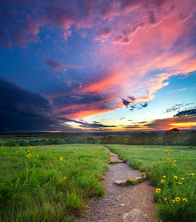 Sunset, Konza Prairie nature trails in the Flint Hills of Kansas.